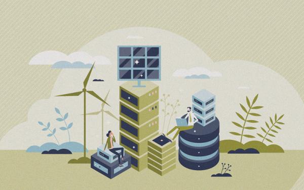Green data center with eco friendly electricity usage tiny person concept stock illustration.Image credit | iStock 