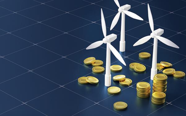Renewable Energy Investment Concept with Wind Turbines and Coins.credit_istock-2178302769