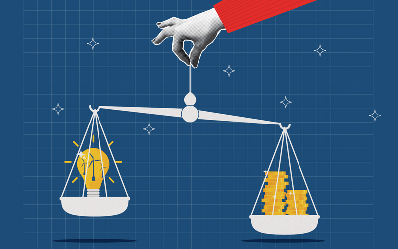 Collage halftone banner with hand holds scales on which light bulb is heavier than coins._credit_istock-2221841348