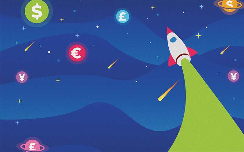 Rocket ship flying high through currency space. CREDIT_iStock-And-Shutterstock