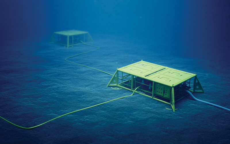 3d rendering of subsea manifolds on the seabed in deep water. shutterstock_1251321910